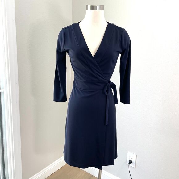 Ann Taylor Dresses & Skirts - Ann Taylor Womens 2 Navy Wrap Dress Stretch 3/4 Sleeve Knee Length